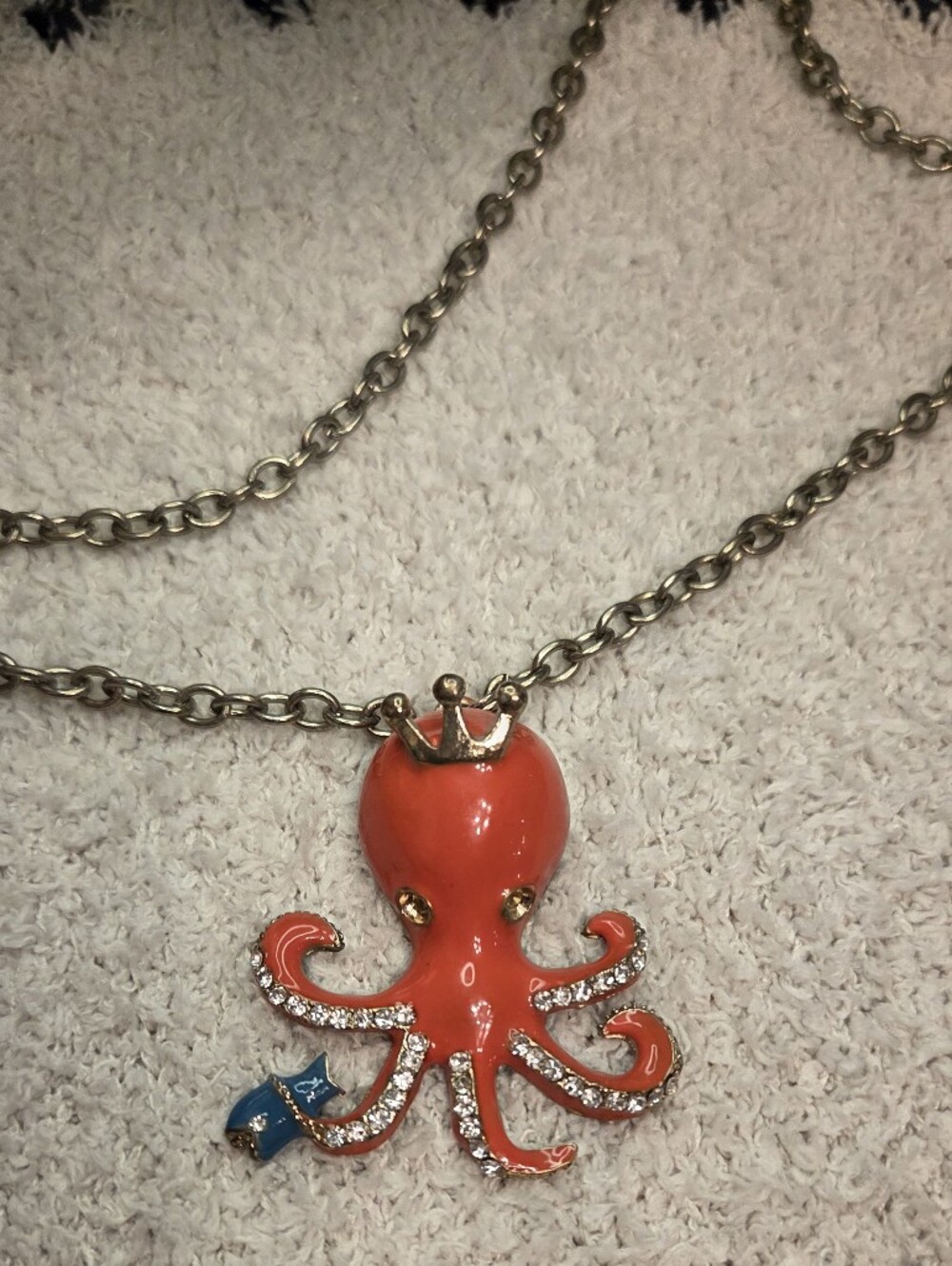 Betsey Johnson Coral Enamel Crown Octopus Rhinestone Statement Necklace